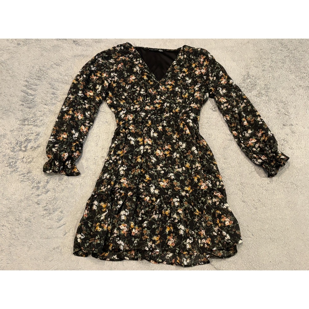 BLACK TAPE Dress Womens XS Black Floral Long Sleeve Semi Sheer Boho Festival